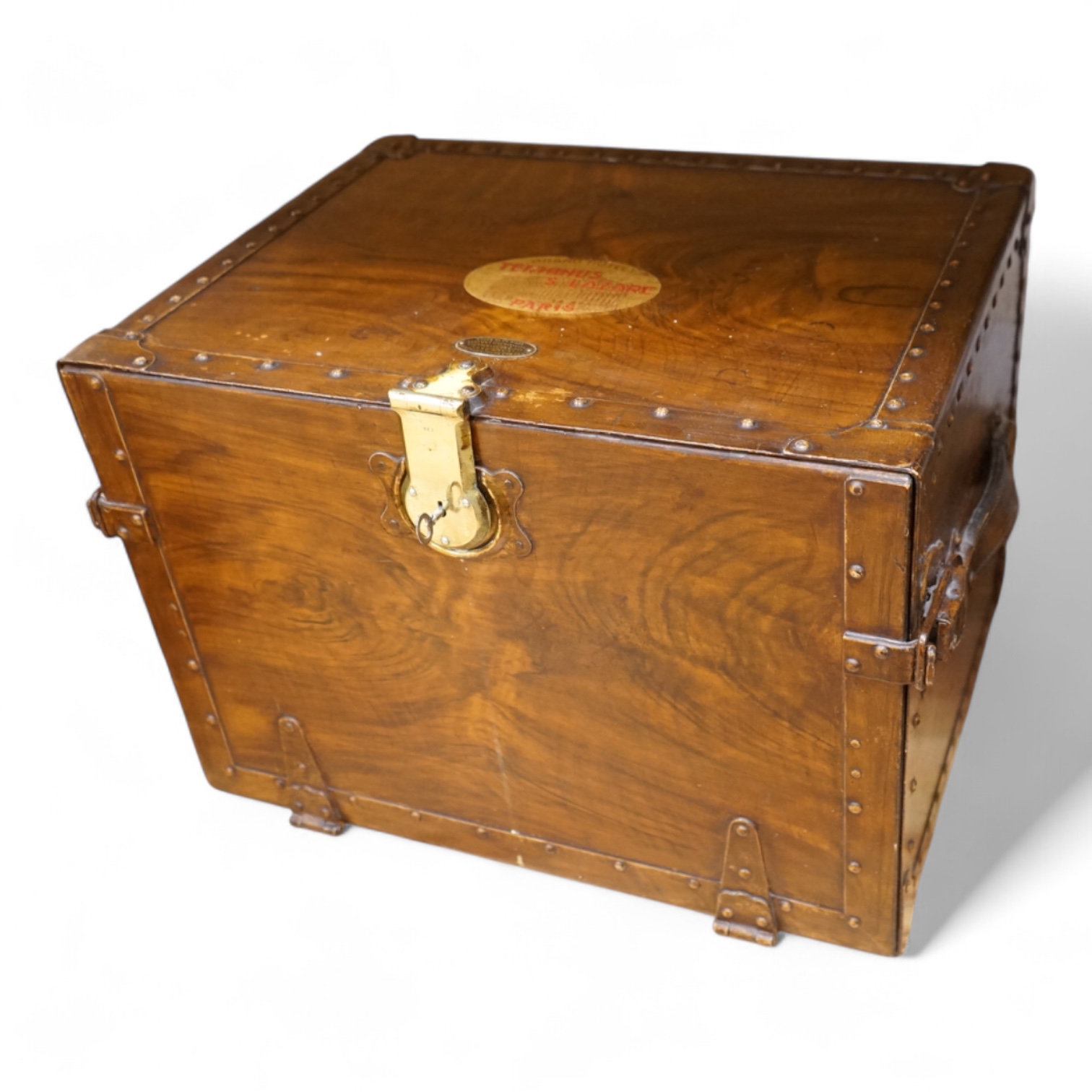 A Hartman Trunk Company metal travelling secretaire with The Grand Hotel, Paris label, with key, 52cm wide